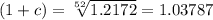 (1+c)= \sqrt[52]{1.2172}=1.03787