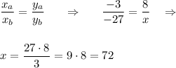 \dfrac{x_a}{x_b}=\dfrac{y_a}{y_b}~~~~~\Rightarrow~~~~~\dfrac{-3}{-27}=\dfrac{8}x~~~\Rightarrow\\\\\\x=\dfrac{27\cdot8}3=9\cdot8=72