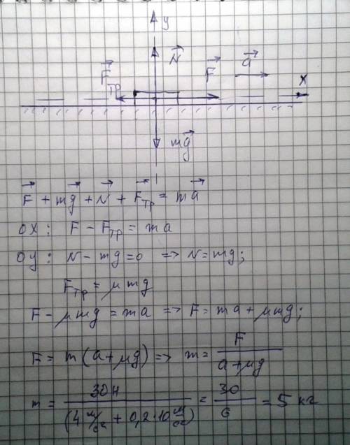 Какова масса саней, если они двигаются под действием силы 30h с ускорением 4м/с^2? коэффициент трени
