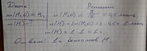 Визначте масу атомів гідрогену у 9 г води.