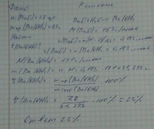 При взаимодействии оксида бария массой 28г с водой было получено 7,2г гидроксида бария.сколько это с