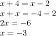 x + 4 = x - 2 \\ x + x = - 4 - 2 \\ 2x = - 6 \\ x = - 3