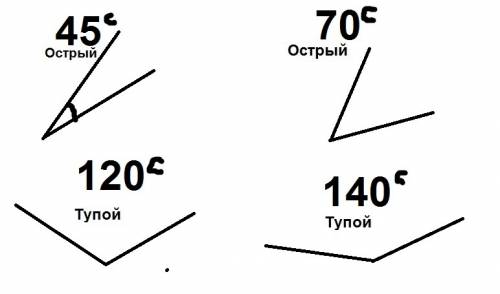 Начертить в тетради два острых и два тупых угла.измерять величину каждого из них.