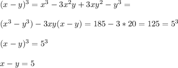 (x-y)^3=x^3-3x^2y+3xy^2-y^3=\\ \\ (x^3-y^3)-3xy(x-y)=185-3*20=125=5^3\\ \\ (x-y)^3=5^3\\ \\ x-y=5\\ \\