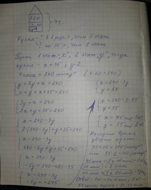 На гениральную уборку всего дома женя тратит 4 ч на кухню уходит в 2 раза больше времини чем на 2 эт