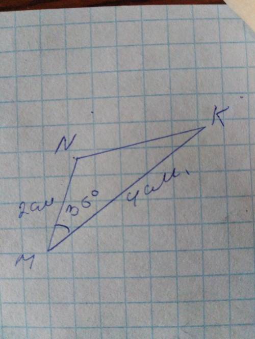 Треугольрик mnk если mn 2 см угол м 36° мк 4 см