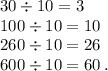 30 \div 10 = 3 \\100 \div 10 = 10 \\ 260 \div 10 = 26 \\ 600 \div 10 = 60 \: . \\