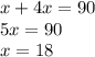 x + 4x = 90 \\ 5x = 90 \\ x = 18