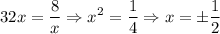 32x = \displaystyle {8\over x} \Rightarrow x^2 = \displaystyle {1\over{4}} \Rightarrow x = \pm\displaystyle {1\over{2}}