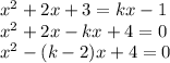 {x}^{2} + 2x + 3 = kx - 1 \\ {x}^{2} + 2x - kx + 4 = 0 \\ {x}^{2} - (k - 2)x + 4 = 0 \\ \\