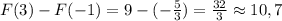 F(3) - F( - 1) = 9 - (- \frac{5}{3}) = \frac{{32}}{3} \approx 10,7