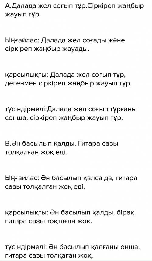 Берілген жай сөйлемдермен ыңғайлас, қарсылықты, түсіндірмелі салалас құрмалас сөйлемдерді құрастырың