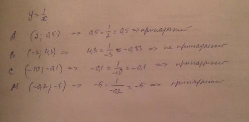 Принадлежит ли графику функции у=1/х точка: a(2; 0.5; ) 2)b(-3; 4.3) 3)c(-10; -0.1) 4)m(-0.2; -5)