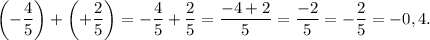 \left(-\dfrac{4}{5}\right) + \left(+\dfrac{2}{5}\right) = -\dfrac{4}{5} + \dfrac{2}{5} = \dfrac{-4 + 2}{5} = \dfrac{-2}{5} = -\dfrac{2}{5} = -0,4.