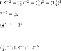 0.8^{-2}=(\frac{4}{5})^{-2}=(\frac{5}{4})^{2}=(1\frac{1}{4} )^{2}\\ \\ 2^{-5}=\frac{1}{2^{5} } \\ \\ (\frac{1}{3} )^{-4}=3^{4} \\ \\ \\ \\ (\frac{1}{3}) ^{-4};0.8^{-2};1;2^{-5}