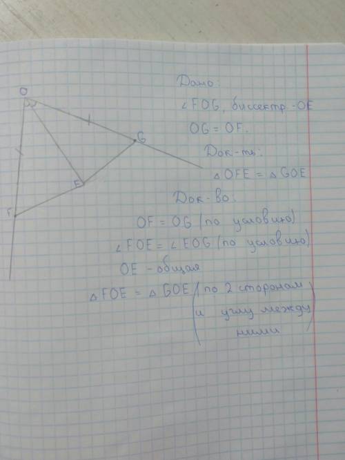Луч oe - биссектриса угла fog. на сторонах угла отложены равные отрезки of и og. запишите равные эле
