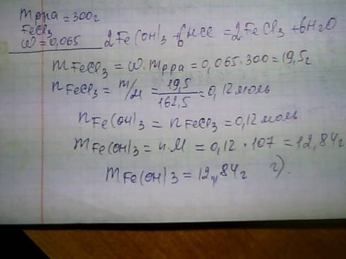 Масса гидроксида железа (+3) необходимая для получения 300г 6,5 % раствора хлорид железа (+3) равна