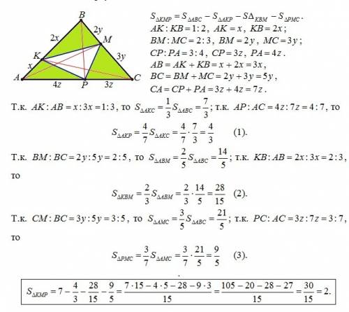 По ! 25 на сторонах ab, bc и ca треугольника abc взяты точки k, m и p так, что ak : kb = 1 : 2, bm :