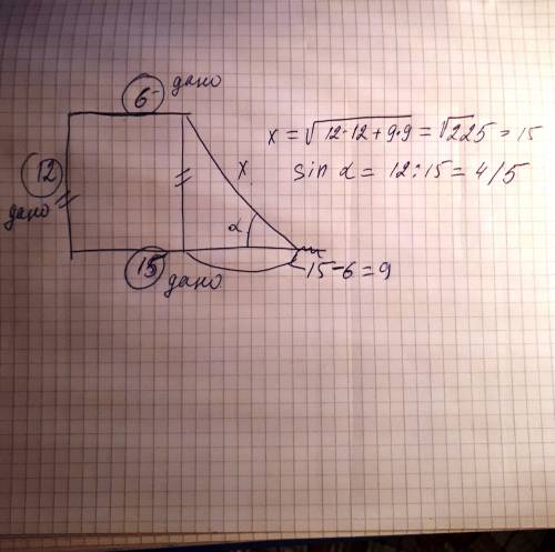 Упрямоугольной трапеции основания 6 см и 15 см, самая короткая сторона 12 см. вычисли синус острого