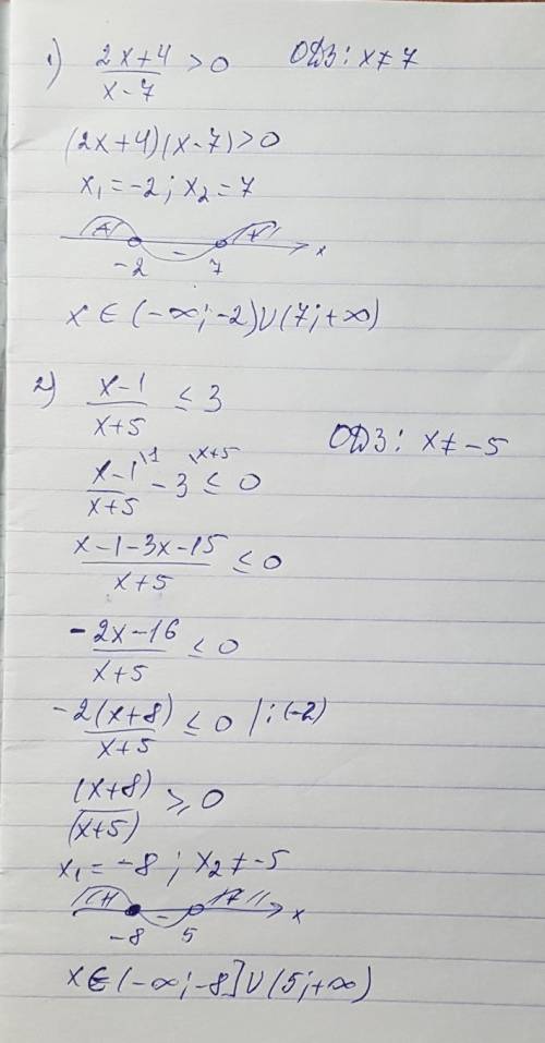 Решите неравенство. а) 2х+4 > 0 х-7 б) х-1 ≤ 3 х+5