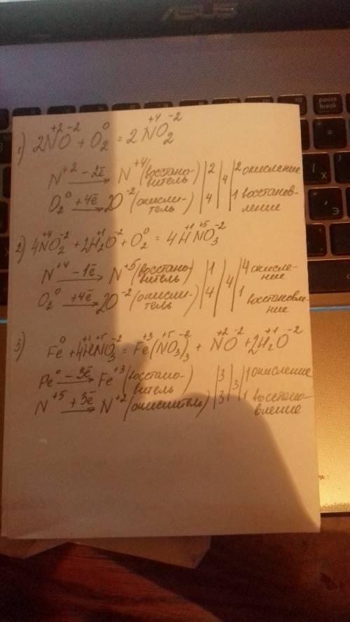 96 ,нужна - расставить коэффиценты методом электронного : 1-2no+o2=2no2 2-4no2+2h2o+o2=4hno3 3-fe+hn