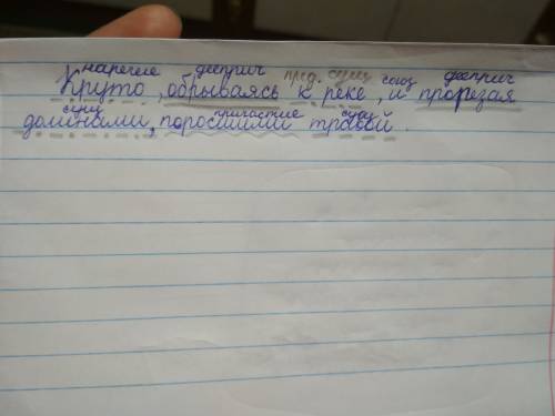 Круто, обрываясь к реке, и прорезая долинами поросшими травой сделайте синтаксический разбор предлож