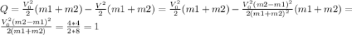 Q=\frac{V_{0} ^{2} }{2}(m1+m2)-\frac{V^{2} }{2}(m1+m2) =\frac{V_{0} ^{2} }{2}(m1+m2)-\frac{V_{0} ^{2}(m2-m1)^{2} }{2(m1+m2)^{2}}(m1+m2)=\frac{V_{0} ^{2}(m2-m1)^{2} }{2(m1+m2)}=\frac{4*4}{2*8}=1