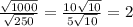 \frac{ \sqrt{1000} }{ \sqrt{250} } = \frac{10 \sqrt{10} }{5 \sqrt{10} } = 2