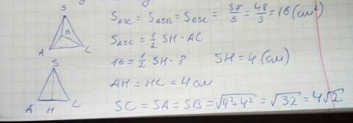 Найдите боковое ребро правильной треугольной пирамиды,если площадь её боковой поверхности равна 48см