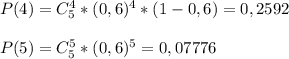 P(4) = C_5^4*(0,6)^4*(1-0,6)=0,2592\\\\P(5) = C_5^5*(0,6)^5=0,07776