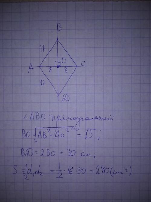 Сторона ромба равна 17 см, одна из его диагоналей 16 см. найдите площадь ромба.