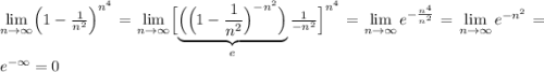 \lim\limits_{n \to \infty} \Bigl(1 - \frac{1}{n^2}\Bigr)^{n^4} = \lim\limits_{n \to \infty} \Bigl[\underbrace{\Bigl(\Bigl(1 - \frac{1}{n^2}\Bigr)^{-n^2}\Bigr)}_{e}\frac{1}{-n^2}\Bigr]^{n^4} = \lim\limits_{n \to \infty} e^{-\frac{n^4}{n^2}} = \lim\limits_{n \to \infty} e^{-n^2} = e^{-\infty} = 0