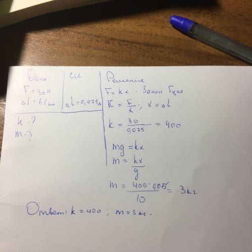 Решите по : f=30h δ l=7,5 см k=? m=? δ l-удлинение пружины