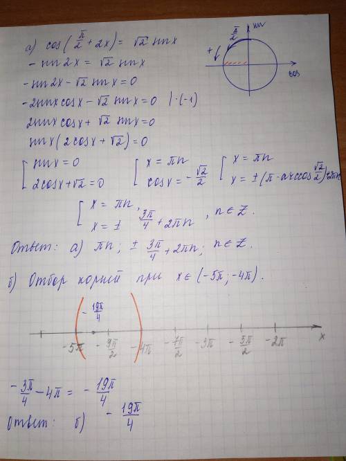 A)cos(pi/2+2x)=sqrt 2 sinx б) найти корни уравнения принадлежащему промежутку (-5pi; -4pi)