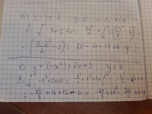 Вычислить площадь фигуры, ограниченной линиями: а) у=3х-1; у=0; х=2; х=4. б) у=(-х^2 )+2х+3; у=4.