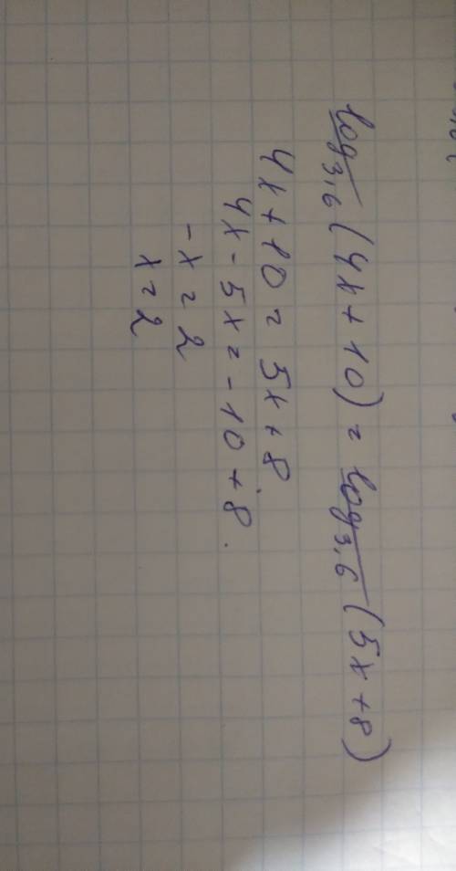 Решите уравнение: log3,6(4x+10)=log3,6(5x+8)