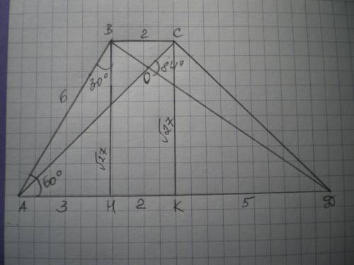 Втрапеции abcd основание ad в пять раз больше основания bc.найти длины диагоналей трапеции и угол ме