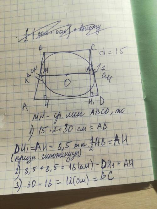 Около окружности с диаметром 15 см описана равнобедренная трапеция с боковой стороной, равной 17 см.