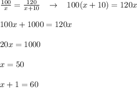 \frac{100}{x}=\frac{120}{x+10}\; \; \; \to \; \; \; 100(x+10)=120x\\\\100x+1000=120x\\\\20x=1000\\\\x=50\\\\x+1=60