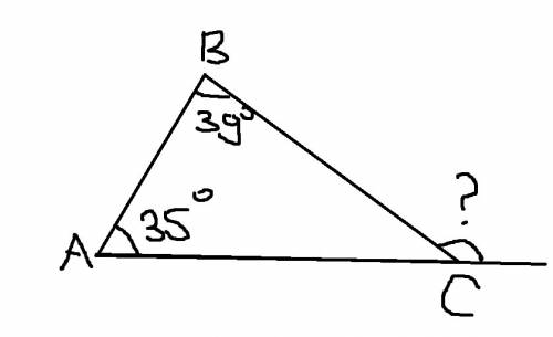 Втреугольнике abc угол a равен 35 градусов, а угол b равен 39 градусов. найдите внешний угол при вер