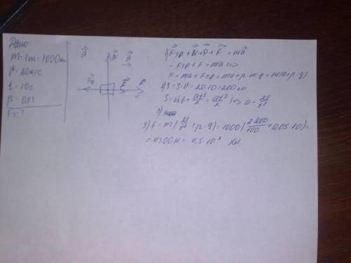 №1 дано: m=1т t=20c u=108км/ч коэффициент трения=0,05 найдите fтяг=? и s=?