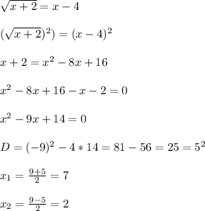 \sqrt{x+2} =x-4\\\\(\sqrt{x+2})^{2})=(x-4)^{2}\\\\x+2=x^{2}-8x+16\\\\x^{2}-8x+16-x-2=0\\\\x^{2} -9x+14=0\\\\D=(-9)^{2}-4*14=81-56=25=5^{2}\\\\x_{1}=\frac{9+5}{2}=7\\\\x_{2}=\frac{9-5}{2}=2