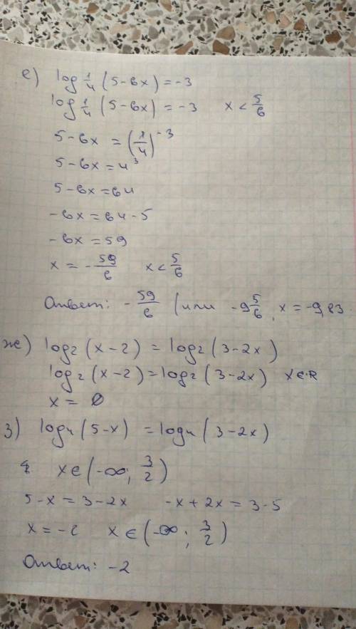 Решите уравнения.1) log2(2x-5)=62) lg(x+8)=03) log5(2x-7)=14) log0,2(4-7x)=-35) log7(3x+1)=26)log1/4