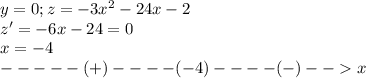 y=0;z=-3x^2-24x-2\\z'=-6x-24=0\\x=-4\\-----(+)----(-4)----(-)--x