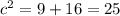 {c}^{2} = 9 + 16 = 25