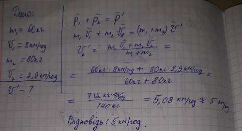 Людина має масу 60 кг і швидкість 8 км на годину людина наздоганяє візок масою 80 кг який має швидкі