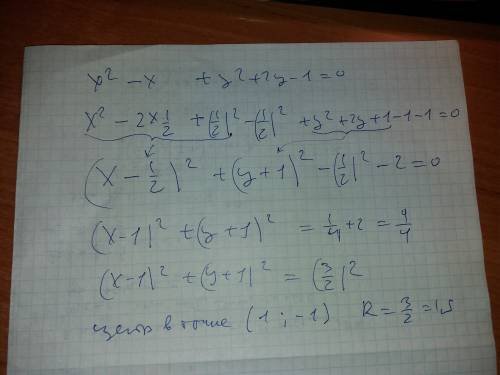 Знайти координати центра і радіус кола: x^2 + y^2 - x + 2y - 1 = 0