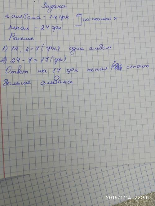 2альбома стоят 14 грн,а пенал 24грн.на сколько грн пенал дороже альбома.? составить условие.