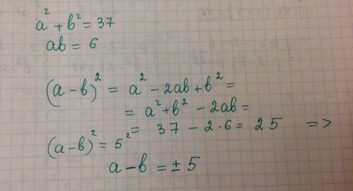 Известно что a²+b²=37 ab=6. найдите значение выражения a-b