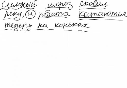 Синтаксический разбор: сильный мороз сковал реку,и катаются теперь на коньках.